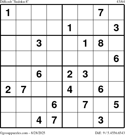 The grouppuzzles.com Difficult Sudoku-8 puzzle for Thursday August 28, 2025