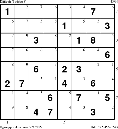 The grouppuzzles.com Difficult Sudoku-8 puzzle for Thursday August 28, 2025 with all 9 steps marked