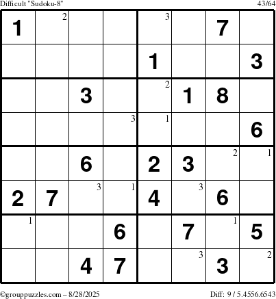 The grouppuzzles.com Difficult Sudoku-8 puzzle for Thursday August 28, 2025 with the first 3 steps marked