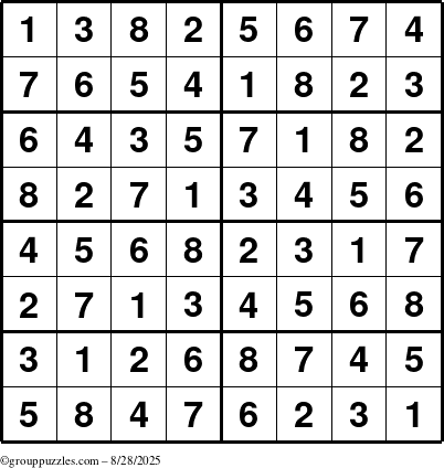 The grouppuzzles.com Answer grid for the Sudoku-8 puzzle for Thursday August 28, 2025
