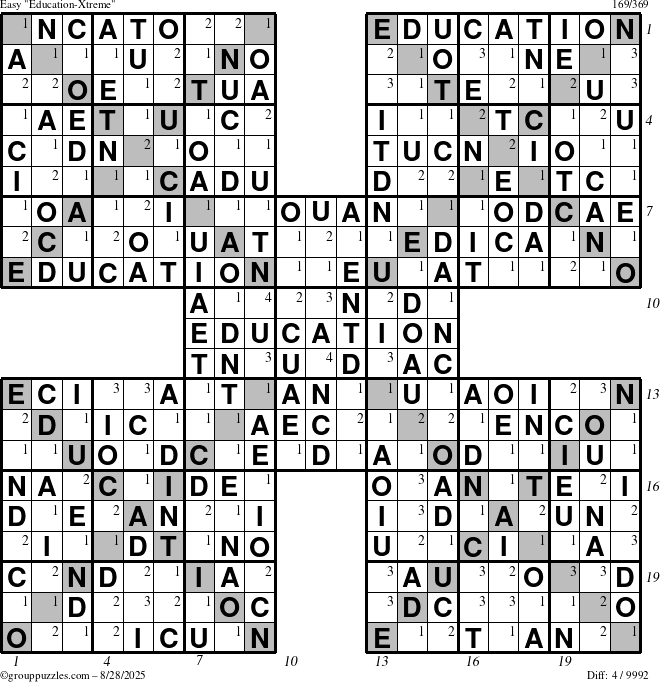 The grouppuzzles.com Easy Education-Xtreme puzzle for Thursday August 28, 2025 with all 4 steps marked