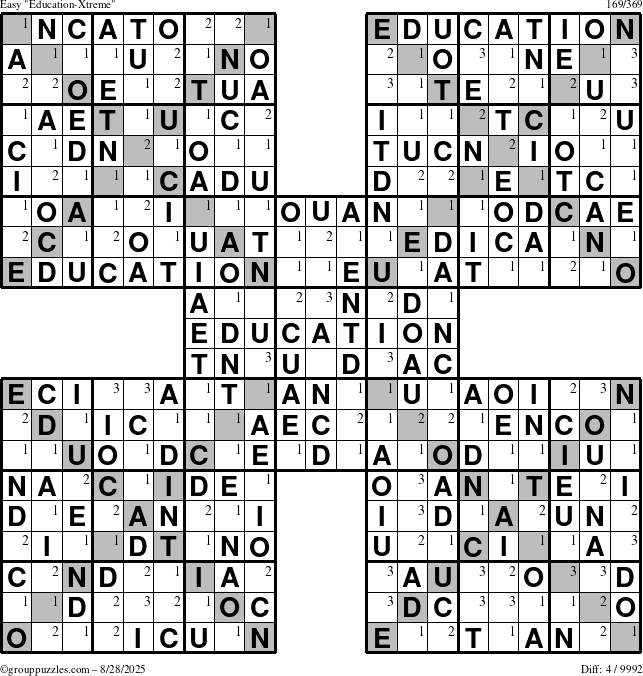 The grouppuzzles.com Easy Education-Xtreme puzzle for Thursday August 28, 2025 with the first 3 steps marked