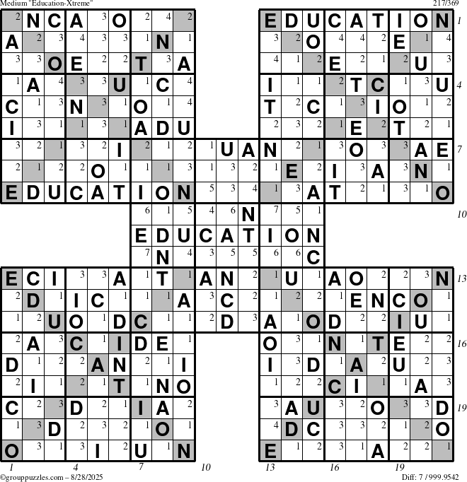 The grouppuzzles.com Medium Education-Xtreme puzzle for Thursday August 28, 2025 with all 7 steps marked