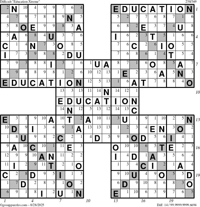The grouppuzzles.com Difficult Education-Xtreme puzzle for Thursday August 28, 2025 with all 14 steps marked