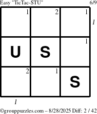 The grouppuzzles.com Easy TicTac-STU puzzle for Thursday August 28, 2025 with all 2 steps marked