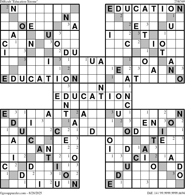 The grouppuzzles.com Difficult Education-Xtreme puzzle for Thursday August 28, 2025 with the first 3 steps marked