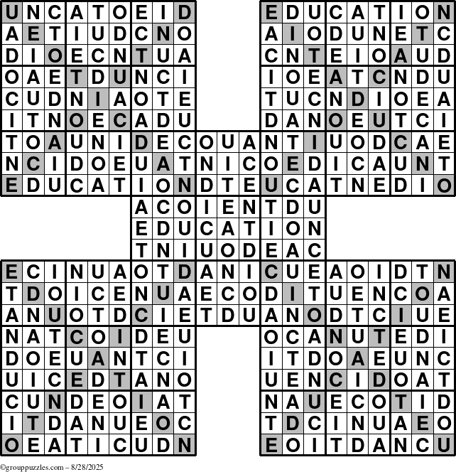 The grouppuzzles.com Answer grid for the Education-Xtreme puzzle for Thursday August 28, 2025