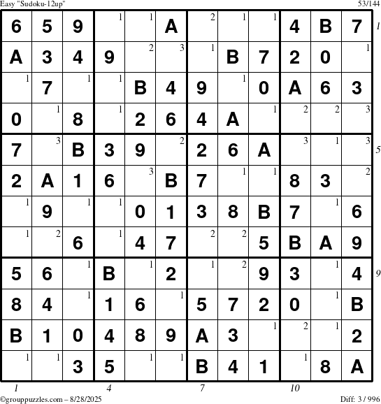 The grouppuzzles.com Easy Sudoku-12up puzzle for Thursday August 28, 2025 with all 3 steps marked