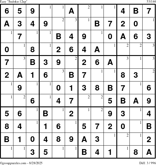 The grouppuzzles.com Easy Sudoku-12up puzzle for Thursday August 28, 2025 with the first 3 steps marked