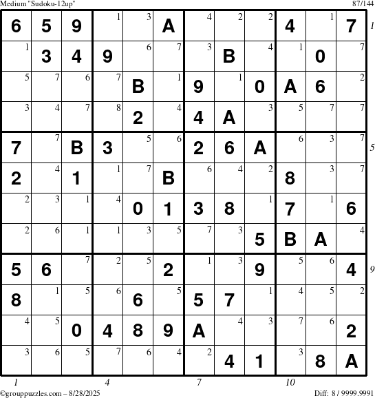 The grouppuzzles.com Medium Sudoku-12up puzzle for Thursday August 28, 2025 with all 8 steps marked