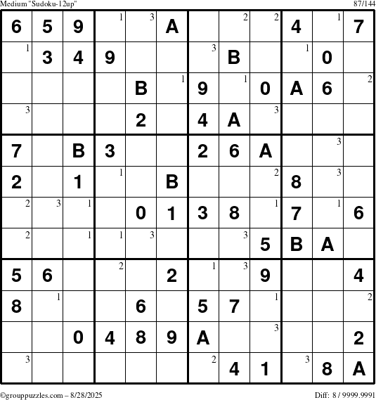 The grouppuzzles.com Medium Sudoku-12up puzzle for Thursday August 28, 2025 with the first 3 steps marked