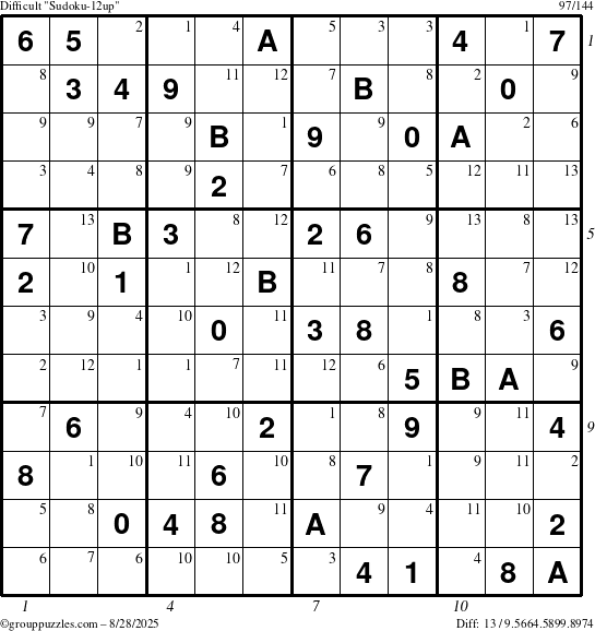 The grouppuzzles.com Difficult Sudoku-12up puzzle for Thursday August 28, 2025 with all 13 steps marked