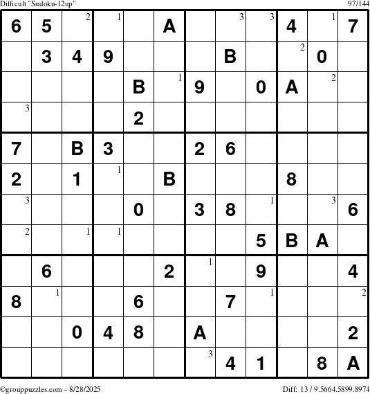 The grouppuzzles.com Difficult Sudoku-12up puzzle for Thursday August 28, 2025 with the first 3 steps marked
