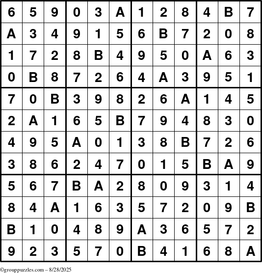 The grouppuzzles.com Answer grid for the Sudoku-12up puzzle for Thursday August 28, 2025