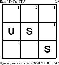 The grouppuzzles.com Easy TicTac-STU puzzle for Thursday August 28, 2025 with the first 2 steps marked