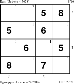 The grouppuzzles.com Easy Sudoku-4-5678 puzzle for Monday February 2, 2026, suitable for printing, with all 2 steps marked