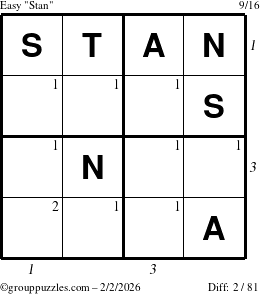The grouppuzzles.com Easy Stan puzzle for Monday February 2, 2026, suitable for printing, with all 2 steps marked