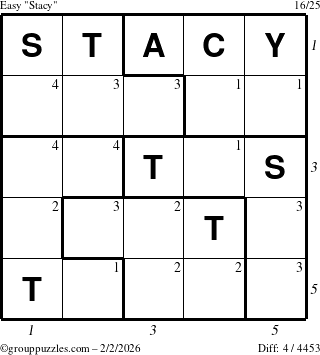 The grouppuzzles.com Easy Stacy puzzle for Monday February 2, 2026, suitable for printing, with all 4 steps marked