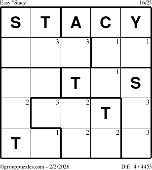 The grouppuzzles.com Easy Stacy puzzle for Monday February 2, 2026 with the first 3 steps marked