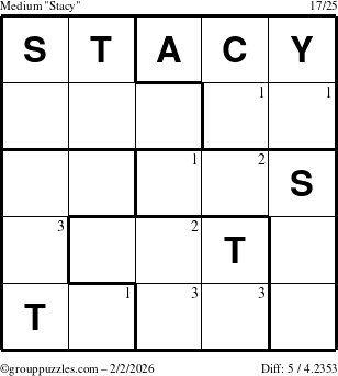 The grouppuzzles.com Medium Stacy puzzle for Monday February 2, 2026 with the first 3 steps marked