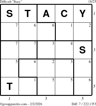 The grouppuzzles.com Difficult Stacy puzzle for Monday February 2, 2026, suitable for printing, with all 7 steps marked