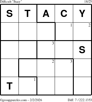 The grouppuzzles.com Difficult Stacy puzzle for Monday February 2, 2026 with the first 3 steps marked