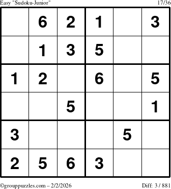 The grouppuzzles.com Easy Sudoku-Junior puzzle for Monday February 2, 2026