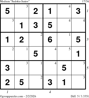 The grouppuzzles.com Medium Sudoku-Junior puzzle for Monday February 2, 2026 with all 5 steps marked