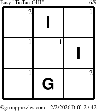The grouppuzzles.com Easy TicTac-GHI puzzle for Monday February 2, 2026 with the first 2 steps marked