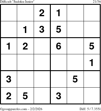 The grouppuzzles.com Difficult Sudoku-Junior puzzle for Monday February 2, 2026