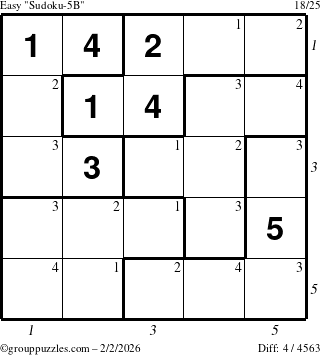 The grouppuzzles.com Easy Sudoku-5B puzzle for Monday February 2, 2026, suitable for printing, with all 4 steps marked