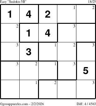 The grouppuzzles.com Easy Sudoku-5B puzzle for Monday February 2, 2026 with the first 3 steps marked