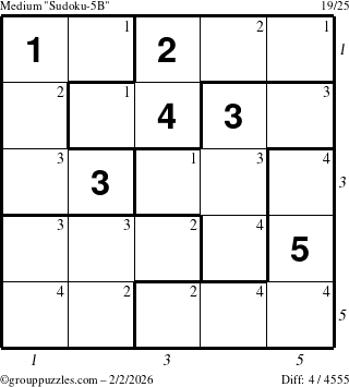 The grouppuzzles.com Medium Sudoku-5B puzzle for Monday February 2, 2026, suitable for printing, with all 4 steps marked