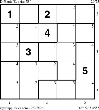 The grouppuzzles.com Difficult Sudoku-5B puzzle for Monday February 2, 2026 with all 5 steps marked