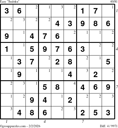 The grouppuzzles.com Easy Sudoku puzzle for Monday February 2, 2026, suitable for printing, with all 4 steps marked