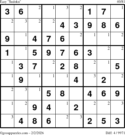 The grouppuzzles.com Easy Sudoku puzzle for Monday February 2, 2026 with the first 3 steps marked