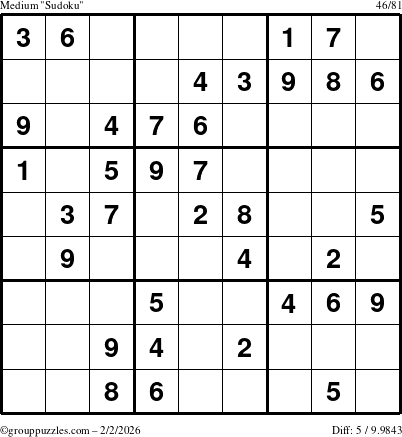 The grouppuzzles.com Medium Sudoku puzzle for Monday February 2, 2026