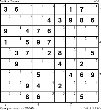 The grouppuzzles.com Medium Sudoku puzzle for Monday February 2, 2026, suitable for printing, with all 5 steps marked