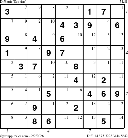 The grouppuzzles.com Difficult Sudoku puzzle for Monday February 2, 2026 with all 14 steps marked