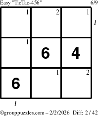 The grouppuzzles.com Easy TicTac-456 puzzle for Monday February 2, 2026 with all 2 steps marked