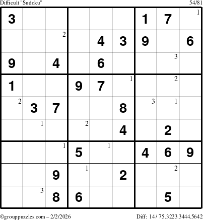 The grouppuzzles.com Difficult Sudoku puzzle for Monday February 2, 2026 with the first 3 steps marked