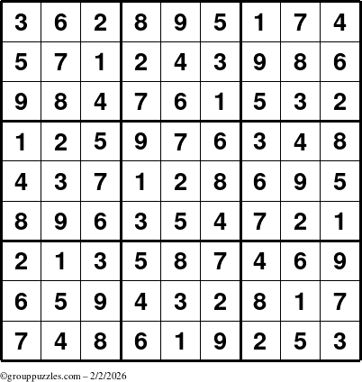 The grouppuzzles.com Answer grid for the Sudoku puzzle for Monday February 2, 2026