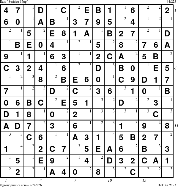 The grouppuzzles.com Easy Sudoku-15up puzzle for Monday February 2, 2026, suitable for printing, with all 4 steps marked