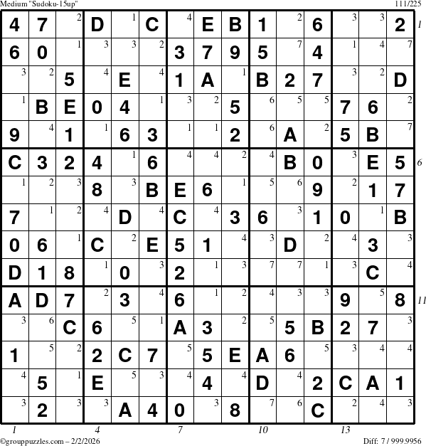 The grouppuzzles.com Medium Sudoku-15up puzzle for Monday February 2, 2026, suitable for printing, with all 7 steps marked