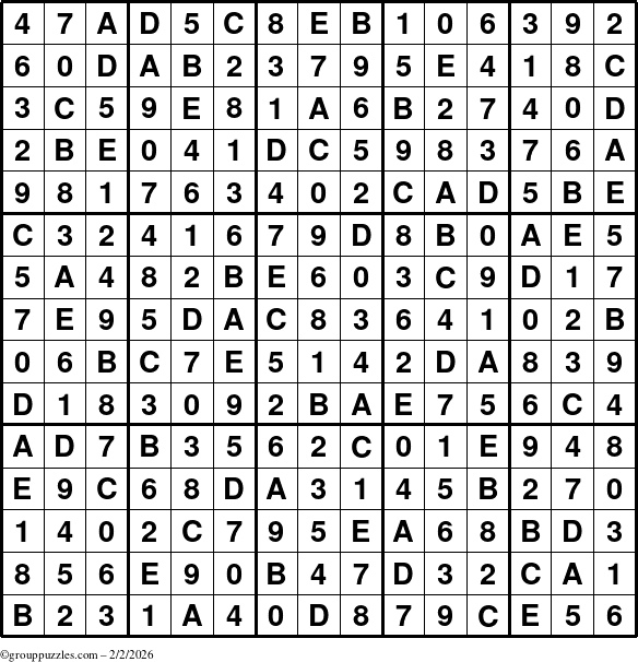 The grouppuzzles.com Answer grid for the Sudoku-15up puzzle for Monday February 2, 2026