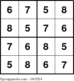 The grouppuzzles.com Answer grid for the Sudoku-4-5678 puzzle for Wednesday March 6, 2024