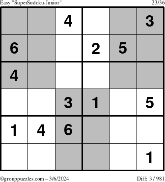 The grouppuzzles.com Easy SuperSudoku-Junior puzzle for Wednesday March 6, 2024