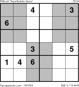 The grouppuzzles.com Difficult SuperSudoku-Junior puzzle for Wednesday March 6, 2024