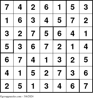 The grouppuzzles.com Answer grid for the Sudoku-7B puzzle for Wednesday March 6, 2024