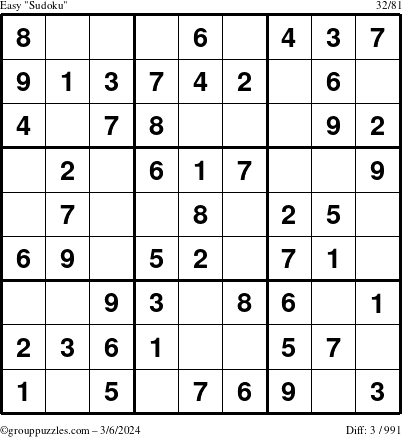 The grouppuzzles.com Easy Sudoku puzzle for Wednesday March 6, 2024